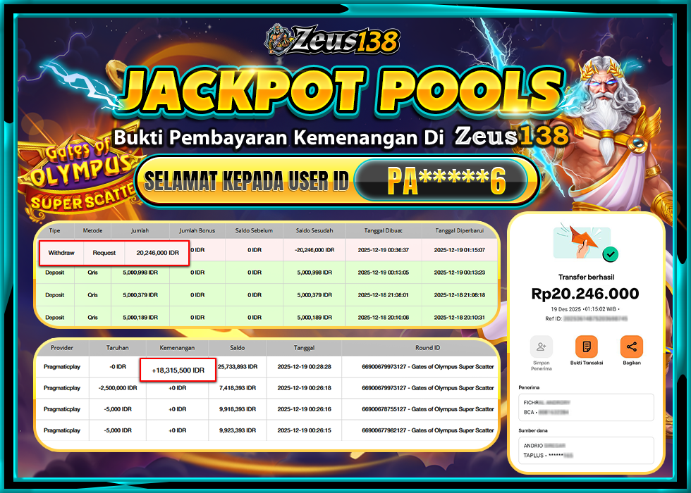 ZEUS138 GATES OF OLYMPUS SUPER SCATTER Rp.20,246,000 LUNAS 